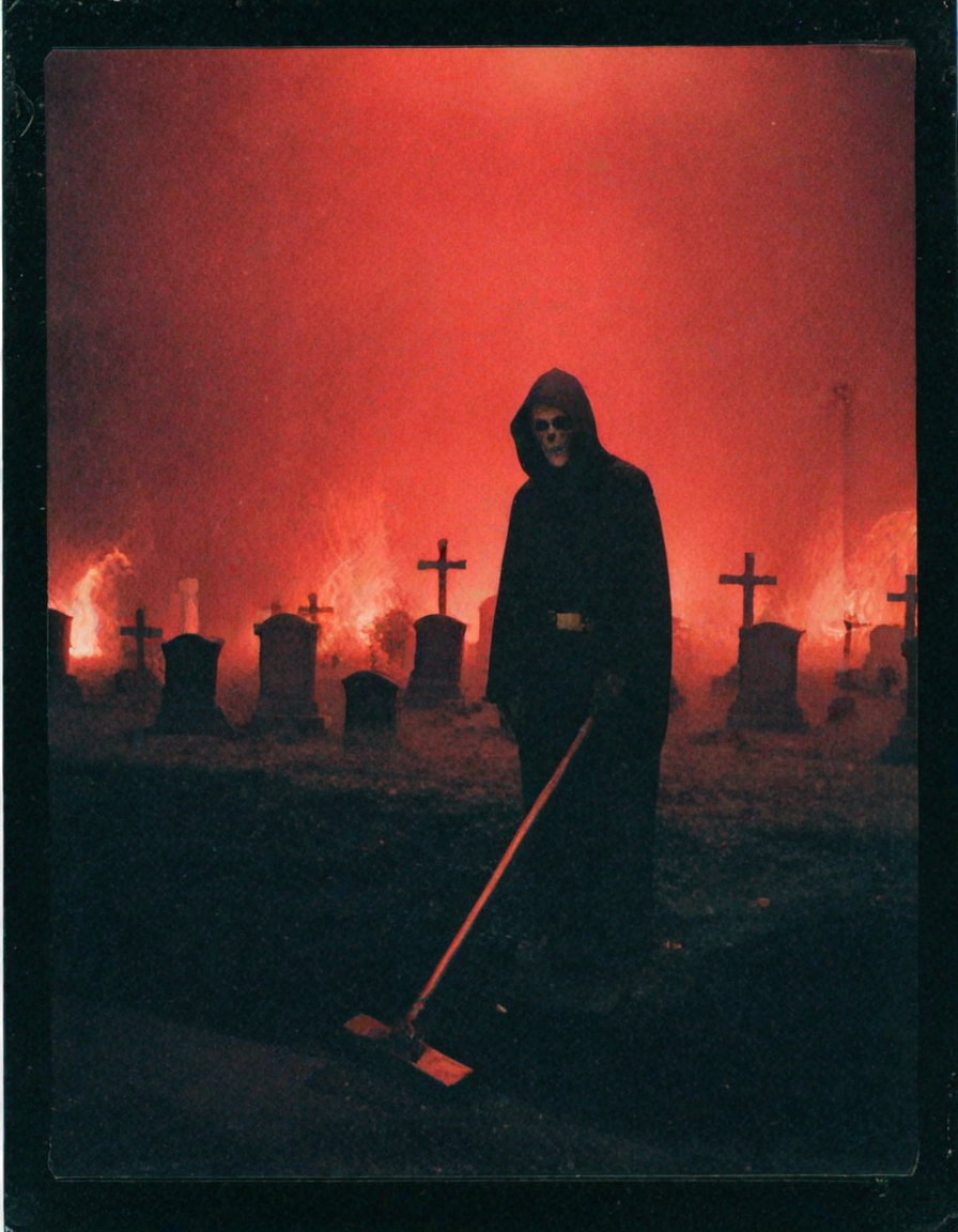 Create an intricate, hyper-realistic masterpiece featuring a Photo of grim reaper on a cemetery. Use an ethereal cybernetic fantasy style with a faded Polaroid photo aesthetic, incorporating analog and old photo elements. Employ a limited dark palette with unusual colors, atmospheric haze, and highly dramatic volumetric lighting. Add a ruby red haze, atmospheric fog, digital corruption, a washed-out background, and a desaturated, bleached dystopian world. red light lighting. Include monochromatic tones with vibrant ruby red neon pops, flickering neon fractures, and glitching light pulses for a highly professional and detailed artwork,