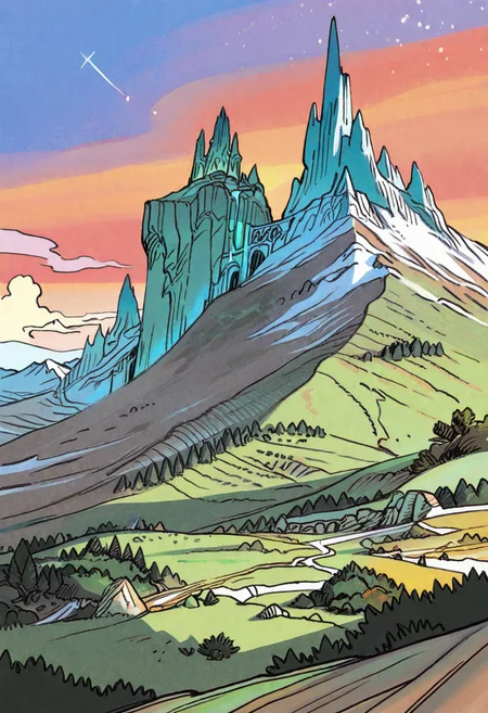 masterpiece, best quality, very aesthetic, absurdres, rakugakingu, A sweeping aerial view of the rugged Scottish highland; intricate, opulent rock formations interwoven with vivid wildflower carpets and dense emerald woods. Emphasis on natural textures, subtle shadows, dramatic sky gradients, and refined 8k masterpiece quality. Eye-level close-ups reveal dew-kissed leaves, detailed bark textures, and intricate stone patterns, while dynamic tracking compositions capture the fluid transition between terrains. Vibrant color palettes with warm ochres and cool aquas blend seamlessly, highlighting majestic mountain spires and soft, undulating grassy hills, Exquisite spatial composition, ethereal atmosphere, and intricate detailing create a mesmerizing tableau of diverse natural landscapes. illustration, bold outlines, flat colorsbnsky