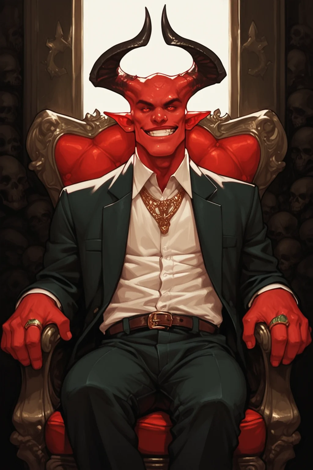 1boy, ring, male focus, jewelry, solo, sitting, skull, money, necklace, red eyes, colored skin, staff, smile, suit, green skin, formal, grin, looking at viewer, multiple rings, throne, pants, chair, banknote, gold, jacket, shirt, evil smile, zPDXL3, detailxl, Score_PnyReal