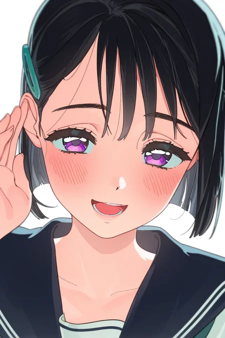 masterpiece, best quality, amazing quality,
 <lora:VIVINOS_IL:1> vivinos, 1girl, solo, white background, school uniform, purple eyes, portrait, smile, hair ornament, looking at viewer, hairclip, simple background, short hair, sailor collar, blush, open mouth, black hair, hand up, serafuku, hair behind ear, sua