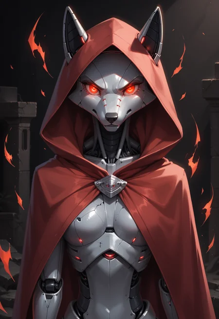 score_9, score_8_up, score_7_up, source_furry, high quality, perfection, detailed, aesthetic,
ruins, shattered, dark room, black background,
1girl, solo,
anthro, metallic body, beautiful girl, cute girl, adult, youthful, beautiful face, beautiful eyes, perfect eyes, detailed eyes,
(robot fox:1.2), red eyes, (no hair, hairless, bald), glowing eyes, claws,
red cloak, hooded cloak,
hatred, rage, anger, energies from eyes, energies bursting forth, (red aura:1.2), menacing,
