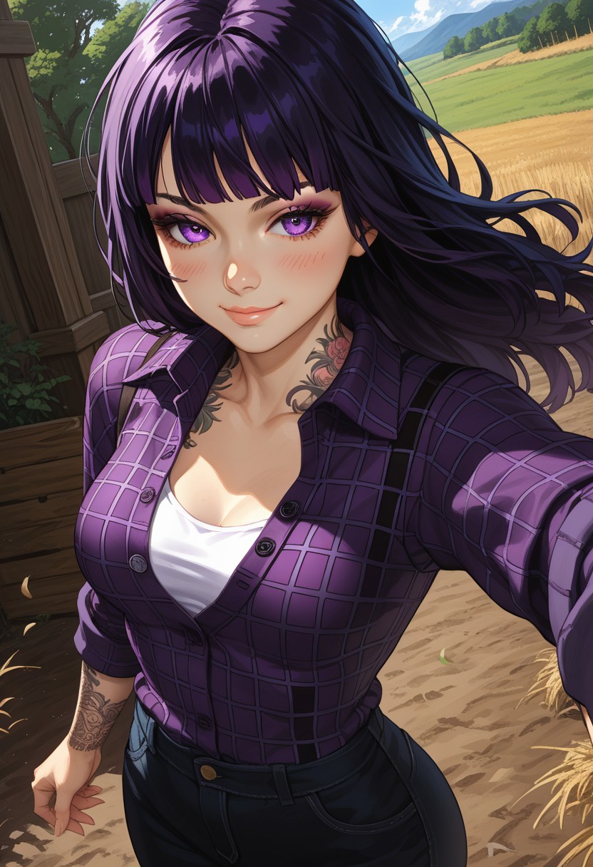 (score_9, score_8_up, score_7_up), 
(dutch angle, upper body:1.4),
1girl, solo, black hair, detailed eyes, purple eyes, long hair,  straight bangs, medium breasts, (goth, wide hips:1.1),  eyeshadow, jeans,  hime cut, (rolled up sleeves:1.2),
(tattoo, tattooed arm, flannel shirt, unbuttoned, purple shirt, white tanktop:1.2), nature, outdoors, farm, blush, wind, windy hair, full body shot, from above, smug
