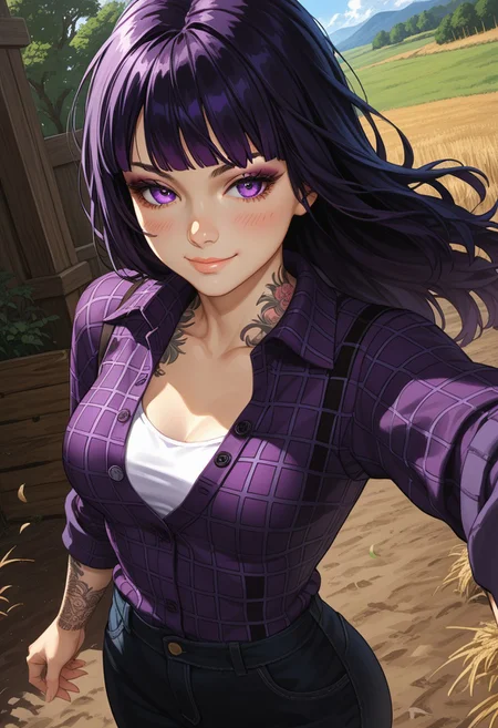 (score_9, score_8_up, score_7_up), 
(dutch angle, upper body:1.4),
1girl, solo, black hair, detailed eyes, purple eyes, long hair,  straight bangs, medium breasts, (goth, wide hips:1.1),  eyeshadow, jeans,  hime cut, (rolled up sleeves:1.2),
(tattoo, tattooed arm, flannel shirt, unbuttoned, purple shirt, white tanktop:1.2), nature, outdoors, farm, blush, wind, windy hair, full body shot, from above, smug