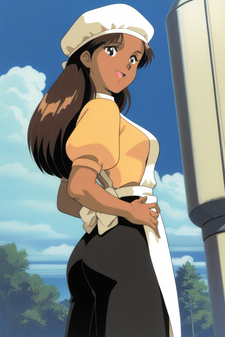 masterpiece, best quality, source_anime,official art,perfect_anatomy,1990s_\(style\),retro_artstyle,1girl,Icolina,brown_hair,long_hair,dark_skin,puffy_short_sleeves,white_headwear,apron,doress,long_skirt,(beautiful detailed face,looking_at_viewer,smile,open_mouth),cowboy shot,hands_on_hip,from side,ass,outdoors,day,blue_sky,cloud