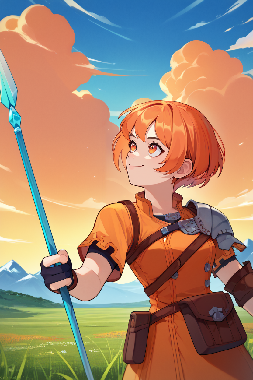 score_9, score_8_up, score_7_up, score_6_up, source_anime, BREAK 1girl, <lora:leonie-pdxl-nvwls-v1-000005:1> hopesLeonie, short hair, single shoulder pad, orange hair, orange eyes, orange dress, short sleeves, short dress, black gloves, fingerless gloves, elbow pad, pouch, field, holding spear, looking up, smile, blue sky, clouds, mountains, from side, closed mouth, happy
