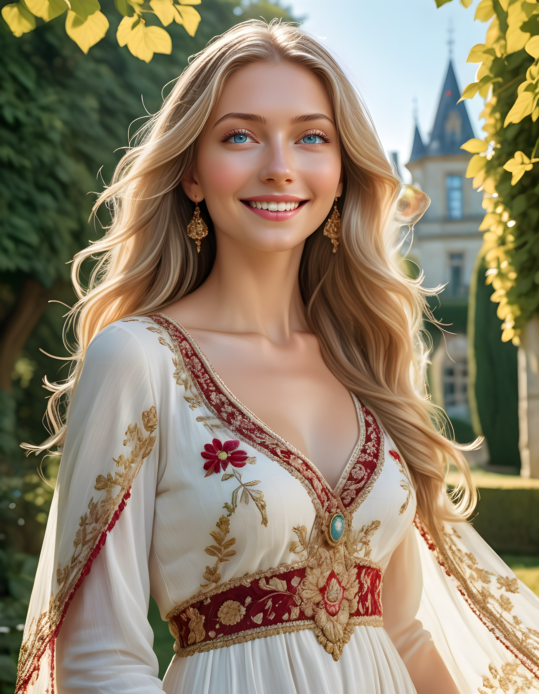 In a sun-dappled garden adorned with vibrant blooms and ancient stone statues, the captivating Kemkin stands alone against an azure sky. Her long, golden hair cascades down her back in loose waves, framing her striking blue eyes that sparkle with warmth and genuine happiness. She wears a flowing white dress accented with delicate embroidery and a shawl of deep crimson, the fabric billowing gently in the soft breeze. With a radiant smile gracing her rosy lips, she gazes directly into the lens with an open and inviting demeanor, as if sharing a secret just for you. The background fades softly into focus, revealing a grand chateau nestled among the verdant foliage, its ivory walls glowing warmly in the afternoon light.