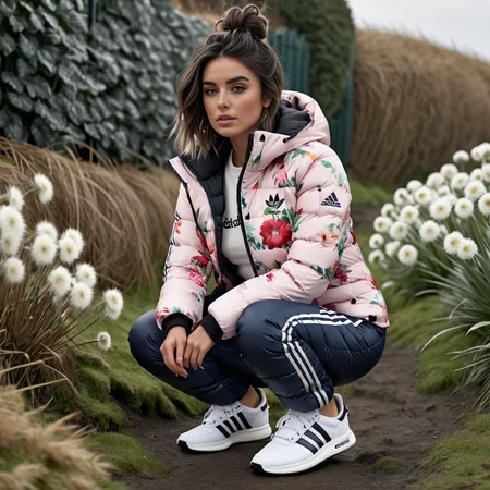 (full body shot| ) (dark cinematic still, dark vibes) cute british woman ,unique, wearing floral snowpants and floral adidas_puffer_jacket, unique hair styles, 8k uhd, dslr, high quality, photorealistic, realism, hyperrealism,((squatting scene)), outdoors
<lora:snowpants_v1-000003:0.4>
<lora:adidas_puffer_jacket_v1:0.7>