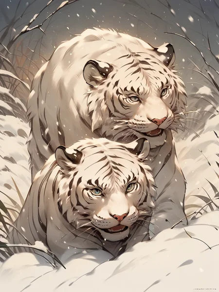 score_9, score_8_up, score_7_up, score_6_up, score_5_up, <lora:snowXLP:1> tiger, snow, animal, white tiger, snowing,