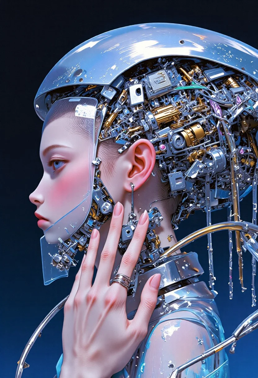 She stands as a conduit between the organic and the artificial, her glowing blue eyes reflecting the eternal tension between humanity and technology. The chrome headdress, like a crown of a forgotten future, intertwines with her being, embodying the eternal dance of power and fragility, while the pulsating circuits on her skin echo the infinite, unseen currents of life that flow through both machine and flesh. mythp0rt, Detailed hand, Hand, Perfect hand, aesthetic_pos3, dynamic_pos3, xijie_blue