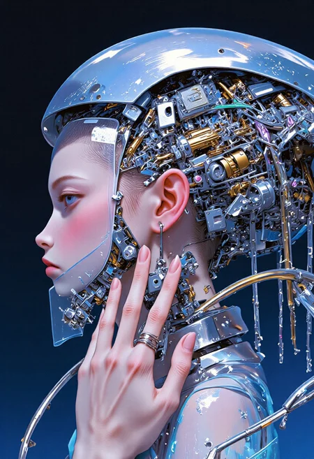 She stands as a conduit between the organic and the artificial, her glowing blue eyes reflecting the eternal tension between humanity and technology. The chrome headdress, like a crown of a forgotten future, intertwines with her being, embodying the eternal dance of power and fragility, while the pulsating circuits on her skin echo the infinite, unseen currents of life that flow through both machine and flesh. mythp0rt, Detailed hand, Hand, Perfect hand, aesthetic_pos3, dynamic_pos3, xijie_blue
