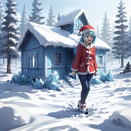 best quality, highres, high resolution, score_9, score_8_up, score_7_up, score_6_up, score_5_up, score_4_up, 1 female, aqua is wearing Santa outfit, her outfit is made of snow crystals, (Aqua_(Konosuba):1), fr0stwrld, snow, ice, <lora:Fr0stWrld-v10:1.2> , <lora:Aqua Pony:1> ,full body, front yard of a house in snow forest, snow background, standing , anime pose, trickster face