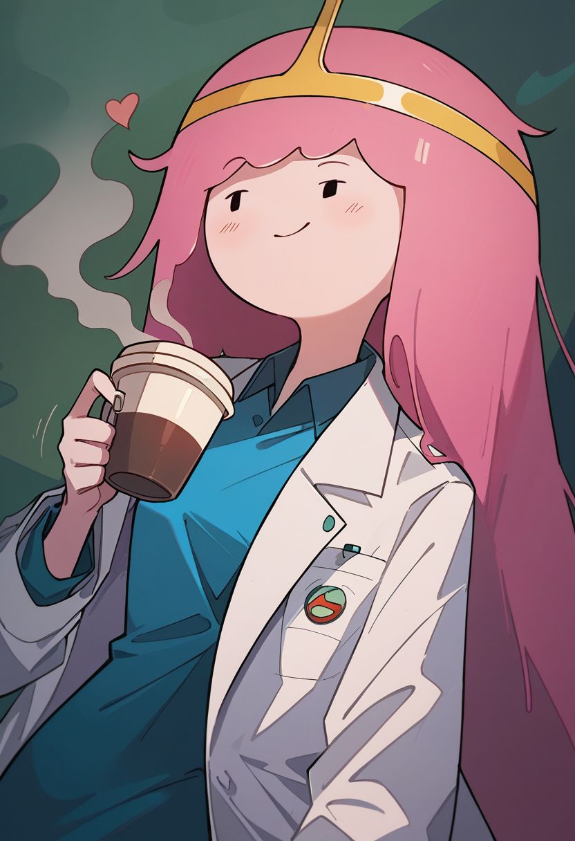 score_9, score_8_up, score_7_up, b0bbl3g0m, pink hair, wear only labcoat, one breast oops, holding a cup of coffee in hand, smile, source_cartoon, in the style of adventure time, Expressiveh
, zPDXL
