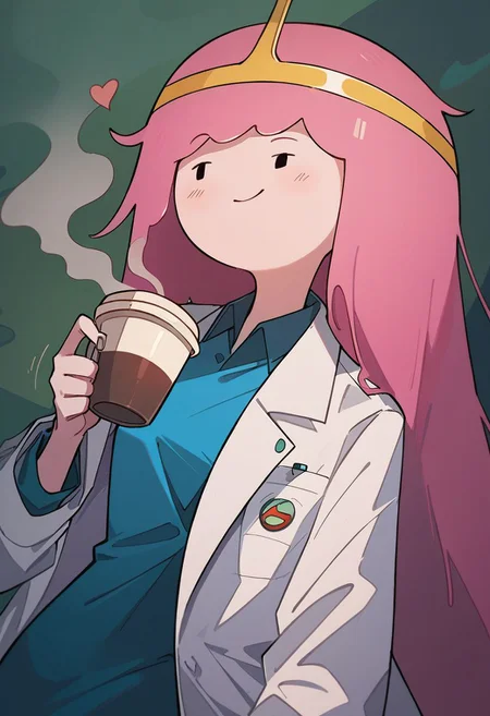 score_9, score_8_up, score_7_up, b0bbl3g0m, pink hair, wear only labcoat, one breast oops, holding a cup of coffee in hand, smile, source_cartoon, in the style of adventure time, Expressiveh
, zPDXL