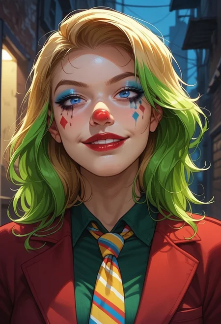 score_9, score_8_up, score_7_up, score_6_up, rating_explicit, source_western, Ellie Buckingham, ((Bright Blond hair)), Blond Hair, Blond Bright blue eyes. Very large breasts, torpedo breasts, humongous breasts Western Style Artwork. Bold Lines,
joker \(dc\), (clown makeup, white face, smeared lipstick, red lipstick, facial mark, facepaint, blue makeup, red nose:1.3), upper body, solo, empty eyes, (impossible wide smile, crazy smile), half-closed eyes, staring, green shirt, collared shirt, red blazer, yellow boutonniere, loose necktie, striped necktie, multicolored hair, green hair, eerie atmospher, dark alley, complex background, night,