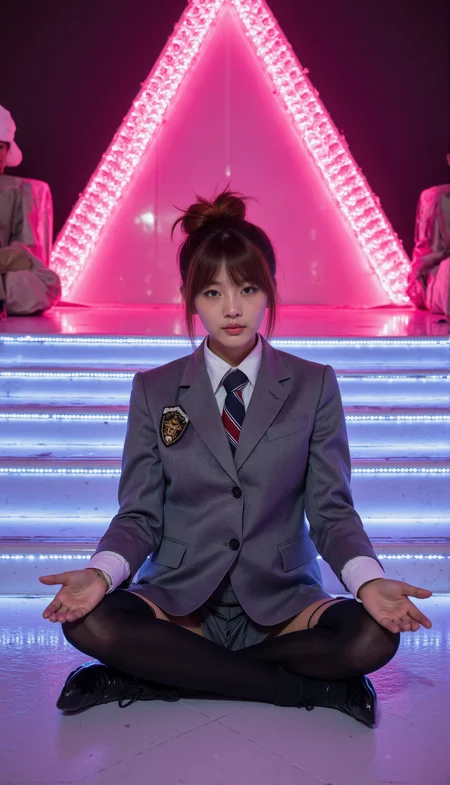 This is a high definition and detailed professional portrait photograph featuring a brown woman with dark complexion in a pose. She sits in lotus position with her hands resting on her knees, head tilted slightly to the left, and a peaceful expression. She is wearing SGWN25clothing, a formal gray school uniform with black stockings. She wears minimal makeup with a focus on glowing skin. She has red with highlights messy hair styled with bangs. An opulent and sleek stage platform illuminated with a sophisticated blend of blue and white LED steps. At the back, a magnificent pink triangular arch adorned with brilliant pink LED lights stands tall, exuding a sense of grandeur and elegance. The entire setup radiates a mesmerizing and regal ambiance, perfect for a lavish and unforgettable event. The stage itself is sleek and clean, adding to the overall sense of refinement and sophistication.<lora:flux\fxyifu\SGWN25clothing_v1_000003000.safetensors:0.85:0.85> <lora:flux\fxchara\jz5_rank8_bf16.safetensors:0.73:0.73>