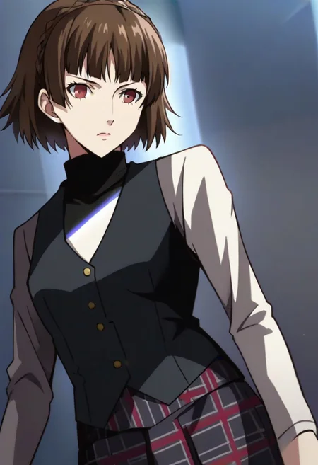 (source_anime), 1 girl, solo, nsfw, aged up, defMako, p5makoto, niijima makoto, short hair, bangs, brown hair, long sleeves, uniform, pantyhose, pleated skirt, turtleneck, plaid skirt,crown braid,uniform, black vest,