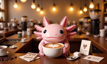top down tilt shift image of tiny cute anthropomorphized axolotls with pink frilly gills and round black eyes, close-up of a pink axolotl in a vintage coffee shop, holding a warm mug of cappuccino with a perfect heart-shaped foam design on top; its round black eyes are filled with warmth, and its frilly gills sway as it inhales the rich aroma; the tabletop is scattered with tiny sugar packets, a napkin, and a spoon, while the tilt-shift effect blurs the background of softly glowing Edison bulbs, exposed brick walls, and shelves of coffee beans, adding depth and a warm, comforting ambiance to the scene<lora:Axomodel_Flux_V2.safetensors:1.0:1.0> <lora:isometric.safetensors:1:1>