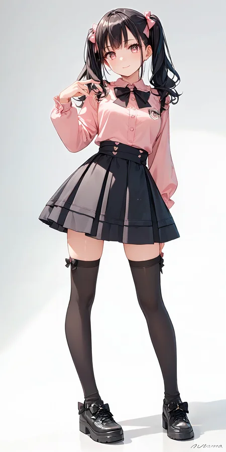 score_9, score_8_up, score_7_up,source_anime, high res image,masterpiece,best quality,girl,cute face,clear skin,shiny hair,ultra detailed eyes,simple background, <lora:jirai kei_pony_V1.0:1> jirai kei, black hair, bow, twintails,pink shirt,black skirt,thighhighs
