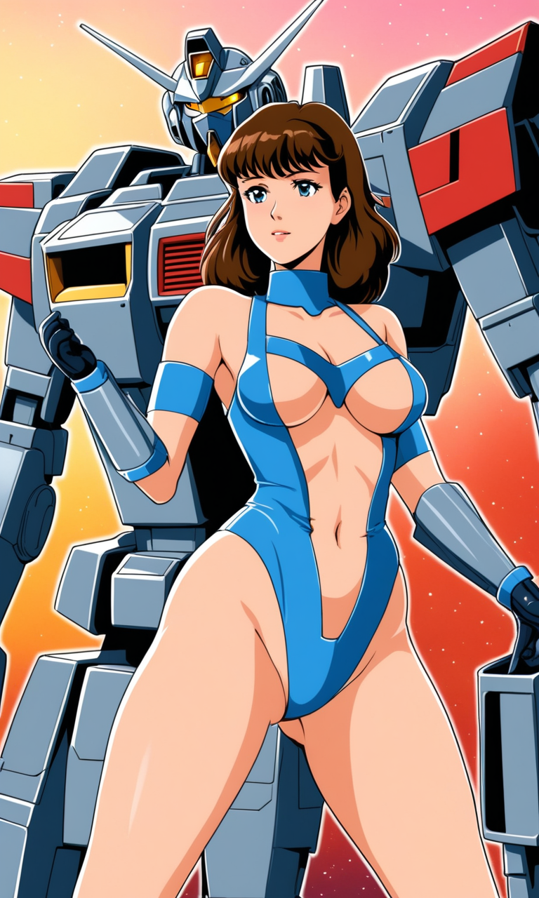 1980s_(Style), retro_artstyle, 3ighti3sstyl3, 1woman, revealing clothes, blush, solo focus, background:mecha, gundam, science_fiction  