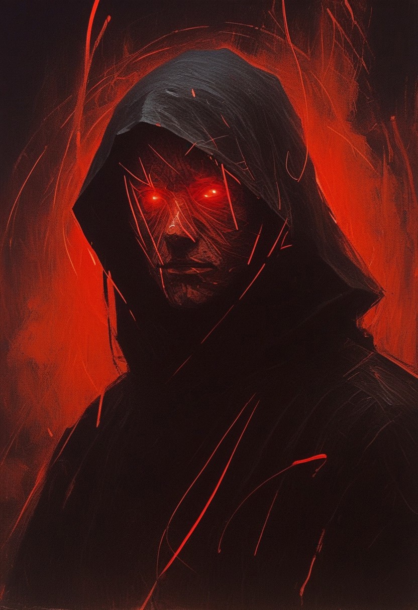 ((((abstract shapes)))), darkness, evening,((contemporary surrealism)), by Caspar David Friedrich, thick brush strokes, a dark hooded figure, wearing a glowing mask, black robes, face obscured, abstract composition, asymmetric, dark, red glow, (streaks), circles, black background, abstract film grain, messy composition, (long exposure)
