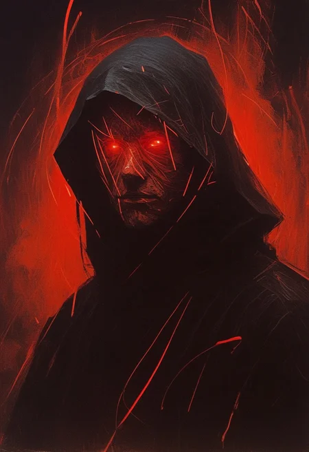 ((((abstract shapes)))), darkness, evening,((contemporary surrealism)), by Caspar David Friedrich, thick brush strokes, a dark hooded figure, wearing a glowing mask, black robes, face obscured, abstract composition, asymmetric, dark, red glow, (streaks), circles, black background, abstract film grain, messy composition, (long exposure)