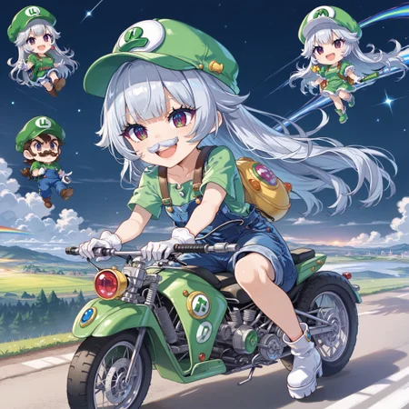 score_max, (score_9, score_8_up, score_7_up:1.0), score_6_up, official art, source anime,
, masterpiece, absurdres, high detail, 8k,
mario kart, rainbow road, space,
riding motorcycle, drifting, holding green shell \(mario\), smile, open mouth,
solo, (chibi:1.4), luxu, silver hair, long hair, (fake mustache:1.2), luigi \(cosplay\), green cap, overalls, green shirt, short sleeves, white gloves, machinery, (vacuum cleaner, proton pack),
<lora:XL_Pony_MGCM-luxuria-t1:1>