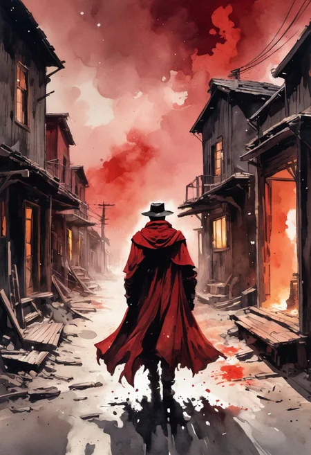 inkpunk three colors only, ink and paper illustration, inked, gunfighter in a crimson cape, desolate street of an old mining town, bleak, ink splashes, ink spots, ink smears, evoking loneliness and solitude, desolate, abandoned, finality, bold strokes, ink illustration, dust storm, very windy, night, very dark, dust billowing, powder in the air, vision obscured, rays of light, gray and black and deep crimson tones, light streaming thru window, linquivera