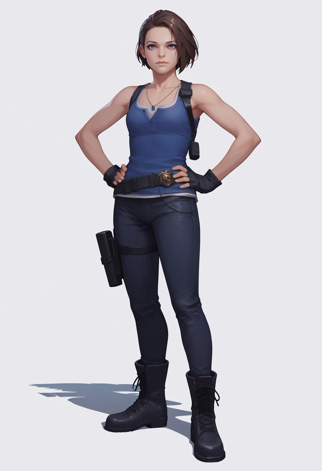 score_9, score_8_up, score_7_up, BREAK,
1girl, jivalent, brown hair, short hair, blue eyes,
belt, black gloves, boots, fingerless gloves, pants, blue tank top, thigh holster,
hands on hips, standing, full body, solo, looking at viewer, (simple background, white background:1.3) <lora:JillValentineXL_byKonan:1>