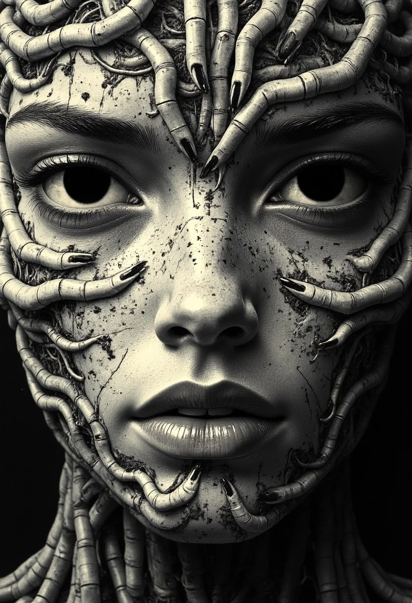 An ultra close-up portrait of a woman’s face, filling the entire frame, leaving no visible background. Her skin is not smooth, but formed entirely from thousands of tiny, overlapping fingers, seamlessly interwoven to shape the contours of her features—cheeks, brow, nose, and jawline. Each hand is static, frozen in place, its fine details crisp and tangible, with visible creases, knuckles, and fingernails. Her eyes are not traditional eyes but two hollow, dark voids, framed by open fingers curled inward, mimicking the shape of eye sockets. The depth inside these voids is infinite, absorbing light rather than reflecting it, making them appear hauntingly empty yet impossibly deep. Her lips are formed by tightly interlocked fingers, positioned in a way that mimics a mouth, yet their rigid stillness makes them unsettlingly unnatural. The illusion of human softness is lost, replaced by the uncanny texture of layered skin and fingernails. The mouth does not open, nor do the fingers move—only the eerie symmetry and unnatural formation of the face hint at something beyond human. The fingers composing her face are not chaotic, but deliberately placed, each one fused into a perfect, unnerving pattern that creates the illusion of organic facial structure. Their textures vary, some smooth and youthful, others rough and calloused, creating an unsettling contrast in detail. The edges of her face fade into a dark void.