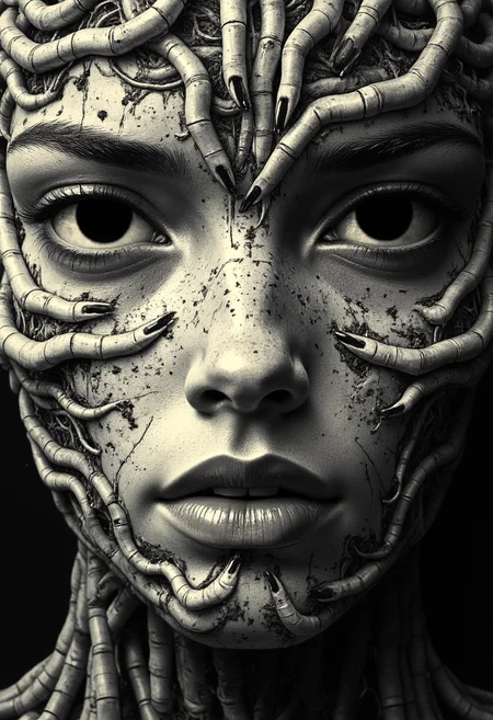 An ultra close-up portrait of a woman’s face, filling the entire frame, leaving no visible background. Her skin is not smooth, but formed entirely from thousands of tiny, overlapping fingers, seamlessly interwoven to shape the contours of her features—cheeks, brow, nose, and jawline. Each hand is static, frozen in place, its fine details crisp and tangible, with visible creases, knuckles, and fingernails. Her eyes are not traditional eyes but two hollow, dark voids, framed by open fingers curled inward, mimicking the shape of eye sockets. The depth inside these voids is infinite, absorbing light rather than reflecting it, making them appear hauntingly empty yet impossibly deep. Her lips are formed by tightly interlocked fingers, positioned in a way that mimics a mouth, yet their rigid stillness makes them unsettlingly unnatural. The illusion of human softness is lost, replaced by the uncanny texture of layered skin and fingernails. The mouth does not open, nor do the fingers move—only the eerie symmetry and unnatural formation of the face hint at something beyond human. The fingers composing her face are not chaotic, but deliberately placed, each one fused into a perfect, unnerving pattern that creates the illusion of organic facial structure. Their textures vary, some smooth and youthful, others rough and calloused, creating an unsettling contrast in detail. The edges of her face fade into a dark void.