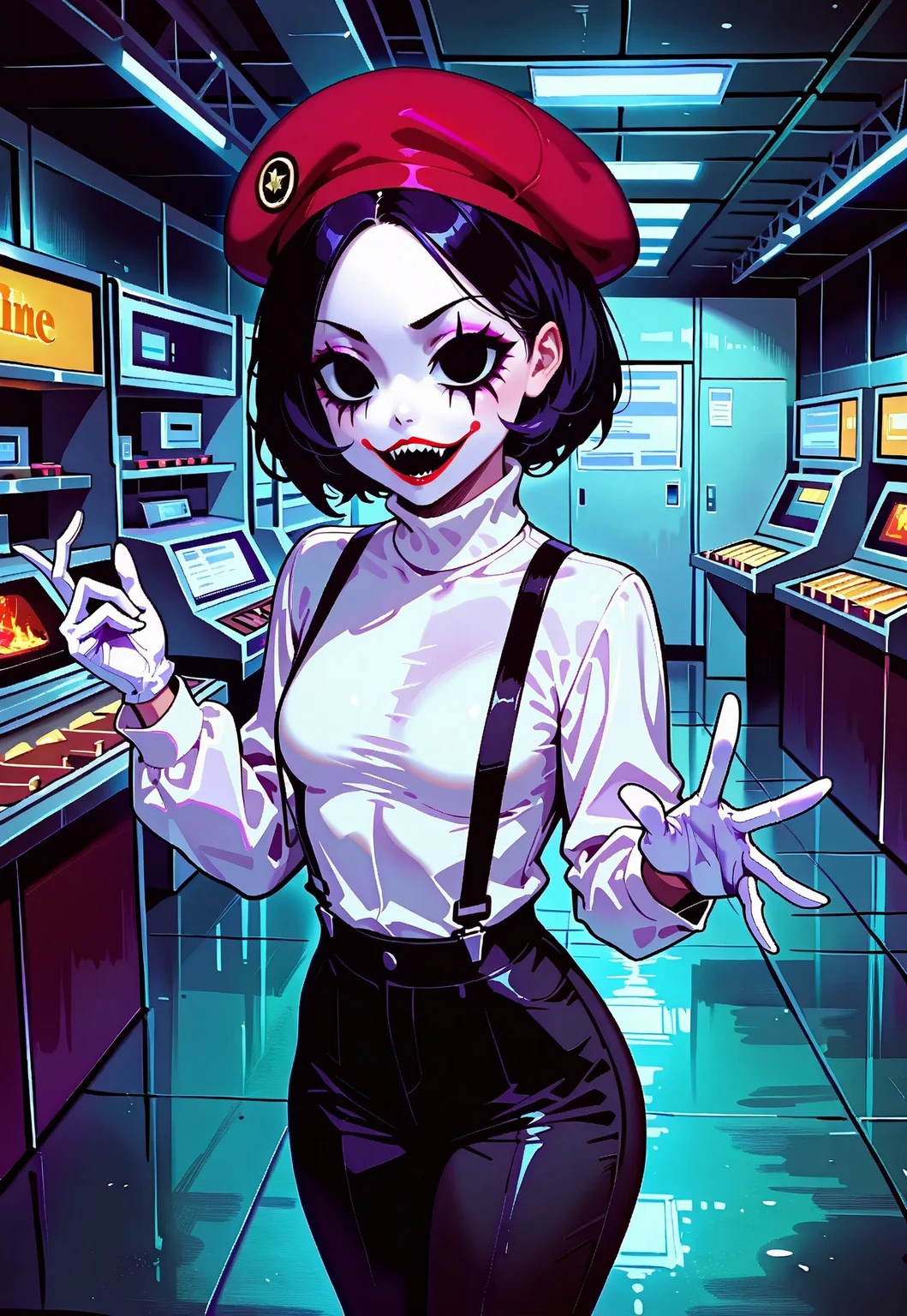safe_pos, Space Station 13, 1girl, mime, white turtleneck with black stripes, French beret, Mime makeup, black pants with suspenders, face without emotions, mimic gestures, Station bar, ((very small breasts size))
Break
MASTERPIECE, BEST QUALITY, HIGHLY-DETAILED, INTRICATE DETAILS, HIGH-RES, 4K, SHARP FOCUS, SMOOTH SHADING