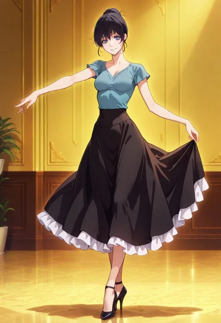 (as109:0.5),
masterpiece,best quality,amazing quality,
hanaoka shizuku,single hair bun,blue eyes,medium breasts,eyelashes,1girl,solo,blunt top,short sleeves,black skirt,long skirt,frilled skirt,high heels,
dancing,black hair,smile,plantar flexion,ballroom e youkoso,long legs,