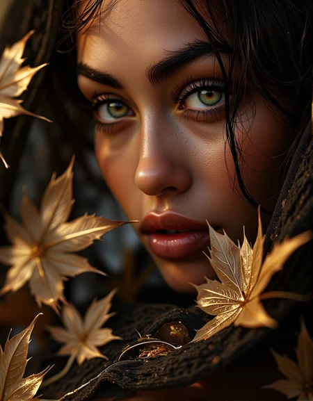 . A mesmerizing extreme close-up of a woman's face, her eyes piercing through delicate black lace, with a warm golden glow casting soft reflections on her skin. The scene is enhanced by the intricate texture of gold leaf patterns., <lora:bv-close-up-enhancer.safetensors:1.0:1.0>