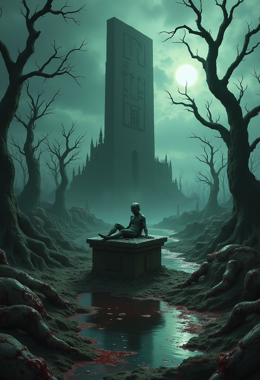 UHD 16k Photograph ((vast, desolate landscape under an ominous sky, where twisted, leafless trees with blackened bark claw at the heavens. At the foreground, a decrepit stone altar, stained with ancient blood, stands cracked and broken. Upon it lies a grotesque, eyeless statue with serpentine limbs, its mouth agape in a silent scream. Surrounding the altar are eerie, ghostly figures, their translucent bodies contorted in perpetual agony, reaching out as if pleading for release. In the background, a massive, shadowy monolith looms, its surface etched with indecipherable, glowing runes that pulse with a sickly green light. Nearby, a stagnant pool of dark, viscous liquid reflects the twisted landscape, its surface disturbed by unseen ripples. Crawling from the pool are grotesque, spider-like creatures with elongated, spindly legs and human-like faces, their eyes wide with torment. A distant, crumbling castle silhouetted against the blood-red horizon completes the scene, its spires piercing the sky like jagged teeth)),
[UHD 16k Photograph, (shot using an intense fisheye lens) , (low angle photograph) , (professional surrealist photograph)]