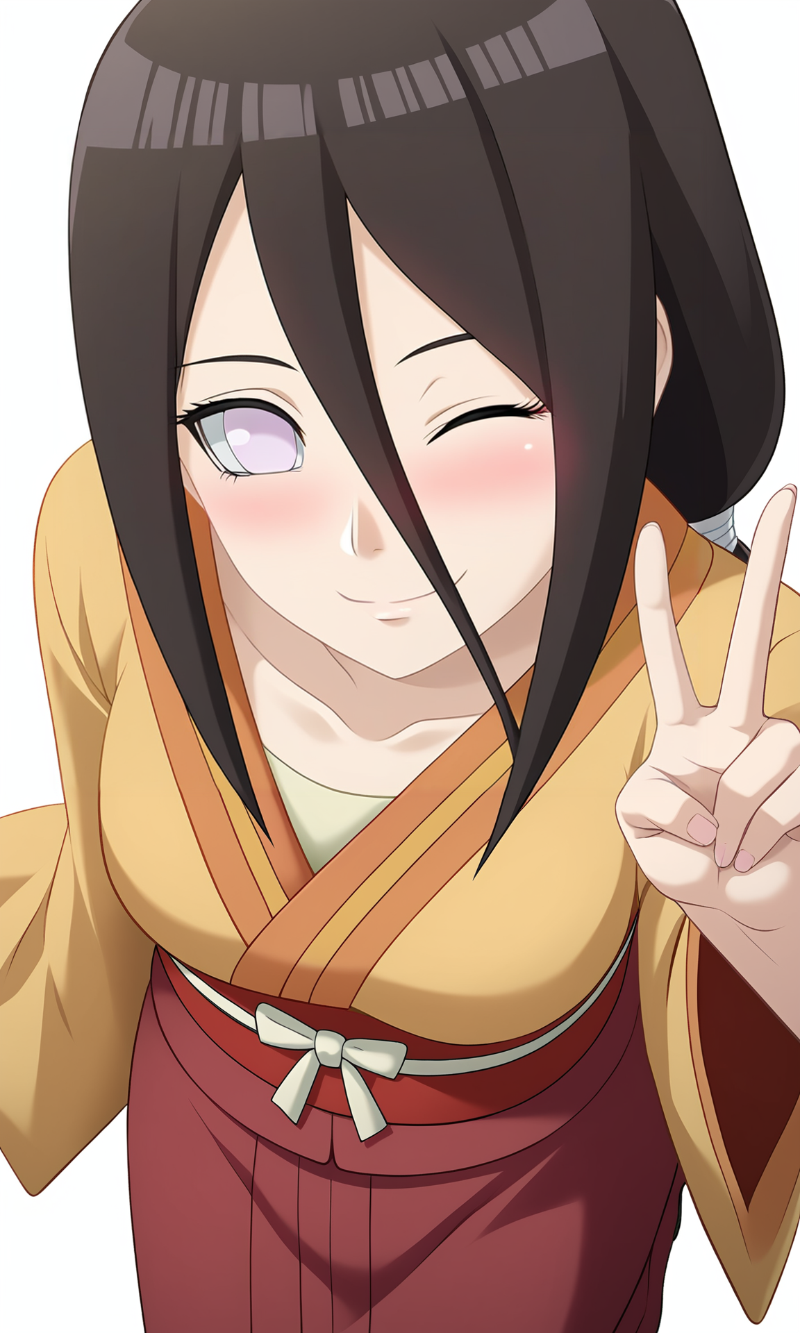 game cg,
hanabihyuuga, 1girl, solo, looking at viewer, no pupils,
from above, v sign, 
low ponytail, long hair,
kimono, ribbon, long skirt, red obi, red skirt, frilled,
one eye closed, blush, smile,
white background,simple background,
<lora:Naruto_HanabiHyuuga_PXL-000015:1>