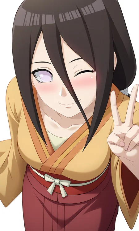 game cg,
hanabihyuuga, 1girl, solo, looking at viewer, no pupils,
from above, v sign,
low ponytail, long hair,
kimono, ribbon, long skirt, red obi, red skirt, frilled,
one eye closed, blush, smile,
white background,simple background,
<lora:Naruto_HanabiHyuuga_PXL-000015:1>