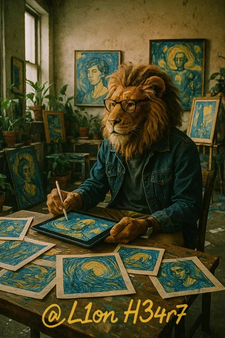 raw analog candid grainy Photo of a cool Lion character artist, nerd, creating amazing Ai art in a big messy studio with arts and plants , we can see the text is a afro style like a signature on top of the  picture at the bottom"@L10n H34r7" various masterpiece scatterd around in the studio, most of the creations and stuff have blue/yellow tints, that's the Lion fav art style touch, cinematic shot, wideangle hyperreal
