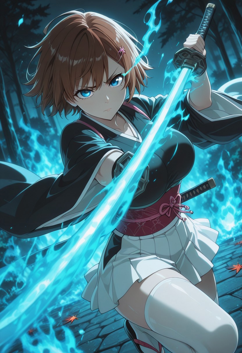 masterpiece, best quality, amazing quality, vslinxbleachtybw style, absurdres, perfect face, detailed face, eye_focus, 4ur4_illu,shiny,
(Girl:0.0), 1girl, cute, attractive, brown hair, multicolored hair, bangs, hairclip, grey eyes, ultra-detailed anime eyes, eye trail, large breasts, kimono, dark kimono, Wide sleeves, sash, obi,  white skirt, white knee high stocking, sandals, katana, sheathed,
(Pose:0.0), ((looking at viewer)), fighting stance, windy, dynamic pose, dynamic composition, katana, green flames, blue flames, 
(Emotion:0.0) serious, eyes open, closed mouth, furrowed brow, 
(Scene:0.0), cowboy shot, from front, dutch angle, outdoors, windy, maple tree, maple leaves, scenery, detailed background, depth of field, flame_theme, dark_theme, detailed backgroud, aesthetic,