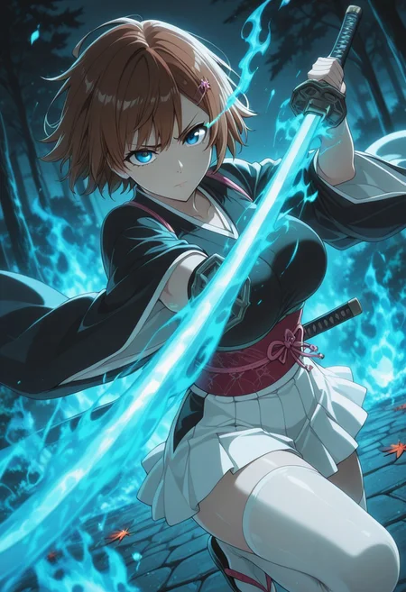 masterpiece, best quality, amazing quality, vslinxbleachtybw style, absurdres, perfect face, detailed face, eye_focus, 4ur4_illu,shiny,
(Girl:0.0), 1girl, cute, attractive, brown hair, multicolored hair, bangs, hairclip, grey eyes, ultra-detailed anime eyes, eye trail, large breasts, kimono, dark kimono, Wide sleeves, sash, obi,  white skirt, white knee high stocking, sandals, katana, sheathed,
(Pose:0.0), ((looking at viewer)), fighting stance, windy, dynamic pose, dynamic composition, katana, green flames, blue flames, 
(Emotion:0.0) serious, eyes open, closed mouth, furrowed brow, 
(Scene:0.0), cowboy shot, from front, dutch angle, outdoors, windy, maple tree, maple leaves, scenery, detailed background, depth of field, flame_theme, dark_theme, detailed backgroud, aesthetic,