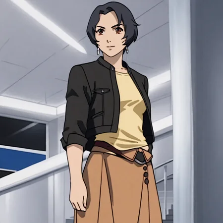 <lora:Haruka_pony_v1:1> HarukaBlackJacket, 1girl, earrings, jewelry, short hair, black hair, long skirt, black jacket, belt, yellow shirt, brown eyes,  cowboy shot