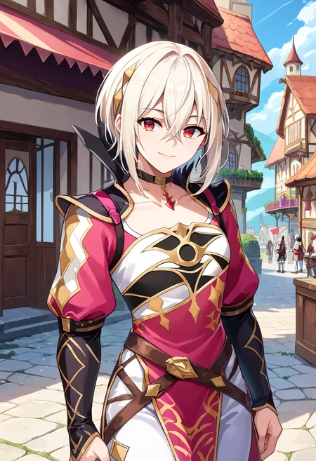 score_9, score_8_up, score_7_up, source_anime, outdoors, village, medieval,
<lora:Rafal6_SDXL:1>,RafalFE_SDXL, red eyes, white hair, short hair,hair between eyes,choker,jewelry,white pants,pelvic curtain, cowboy shot,smile,
