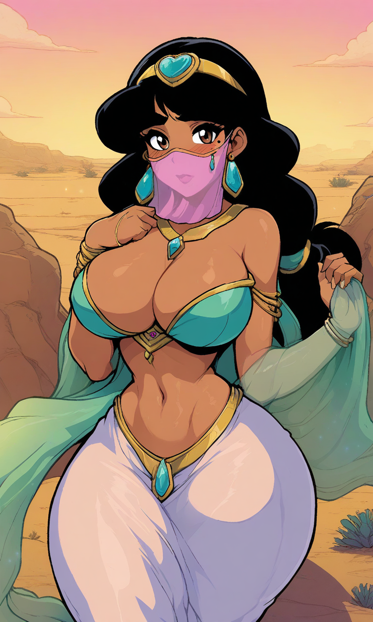safe for work, PG13, Princess Jasmine, source_hentai, (masterpiece), (4k4bur5tyl3), retro_artstyle, hazy, sexy curvy woman, tall, small waist, wide hips, in_heat, large breasts, stud piercing, mouth veil, shy, (brown eyes:1.2), dark skin, brown skin, scarf, headband, jewel, jewelry, fidgeting, cleavage, breasts covered, shawl, harem pants, hijab, modest, (black hair), arabian desert, sand, shrubs, rocks, sensual lighting, light particles, heavy shadows, sweaty, blushing, synthwave, neon, tron, hyper detailed, smooth, high contrast, volumetric lighting, golden ratio, vibrant rich deep color, perfect eyes, eyelashes, eyebrows, blush, looking at viewer, 1girl, solo, mole under eye, perfect hands, detailed background, bokeh