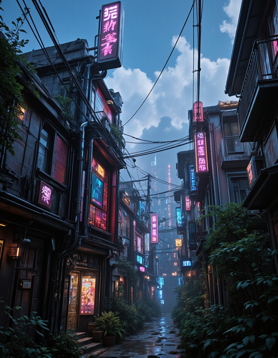 <lora:CWMinis01v2flux:1> cw01mini, cyberpunk, narrow street, cyberpunk apartment, glowing kanji, glow, illuminated, day, neons, tubes on walls, photo, trees, vegetation, blue sky, clouds,
