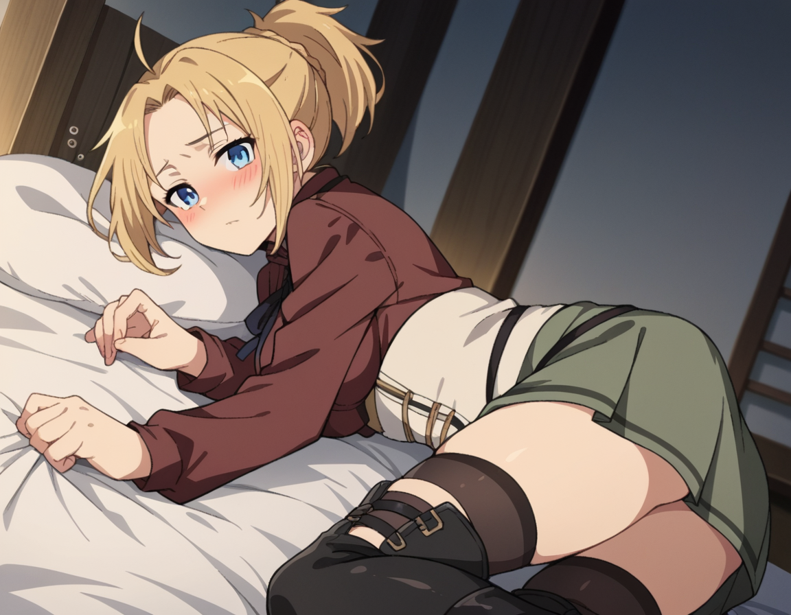 score_9, score_8_up, score_7_up, source_anime,
zenithgreyrat, <lora:zenith-greyrat-s1-ponyxl-lora-nochekaiser:1>,
zenith greyrat, short hair, blonde hair, blue eyes, ponytail, ahoge,
skirt, shirt, thighhighs, long sleeves, ribbon, boots, black thighhighs, thigh boots, brown shirt,
indoors, bed, bed room, on side, blush, drunk,
looking at viewer, dutch angle, cowboy shot,