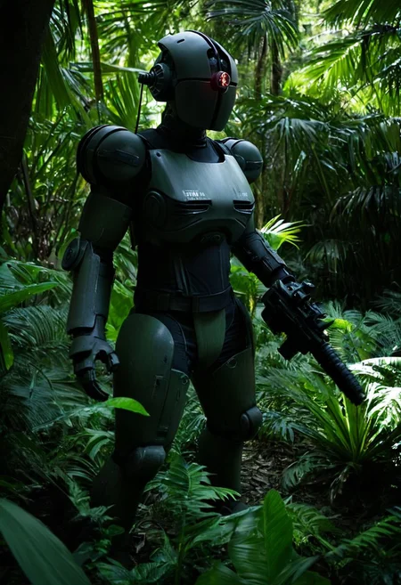 easynegative, extremely detailed, dark, chiaroscuro, low-key, AssaultronCosplay, a green assaultron robot, black tiger stripes, in the jungles of vietnam