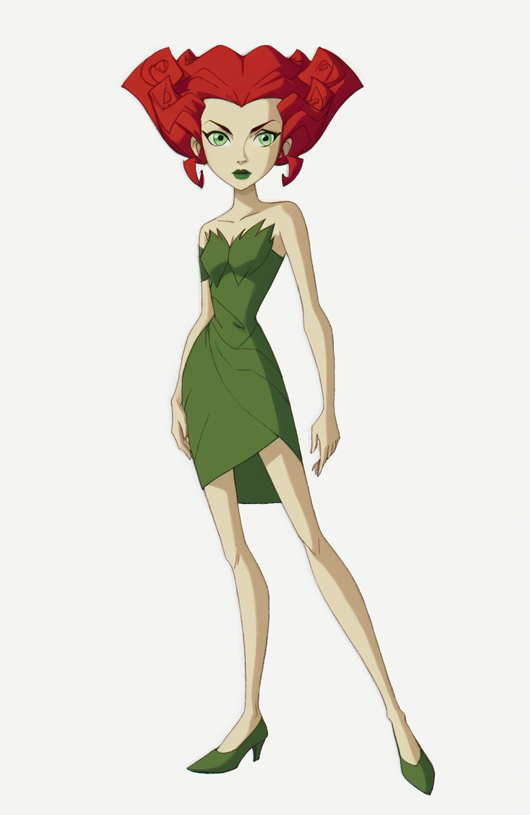 ((score_9)), score_8_up, ((high quality)), ((masterpiece)) BREAK
   poisonivy04, strapless dress, red updo, pale green skin, bare shoulders, green eyes, lipstick, full body<lora:pony_good_hands:0.8>,<lora:The_Batman_2004_Poison_Ivy:0.8>