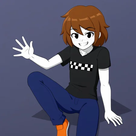 score_5, score_4_up,
BREAK,
1boy, jakey, brown hair, medium hair, white skin, freckles, black eyes, black shirt, t-shirt, checkerboard print, blue pants, orange shoes, grin, smile, waving, looking at view,
BREAK,
three quarter view, 
BREAK,
shading,