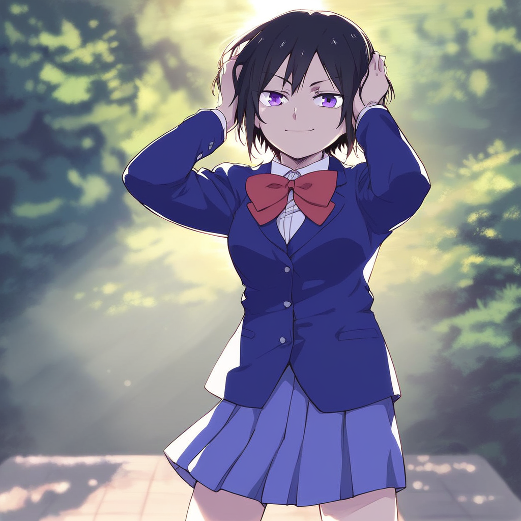 score_9, solo, hitomi_takano, short hair, black hair, purple eyes, school uniform, skirt, hands in hair, outdoors, smirk, natural lighting
