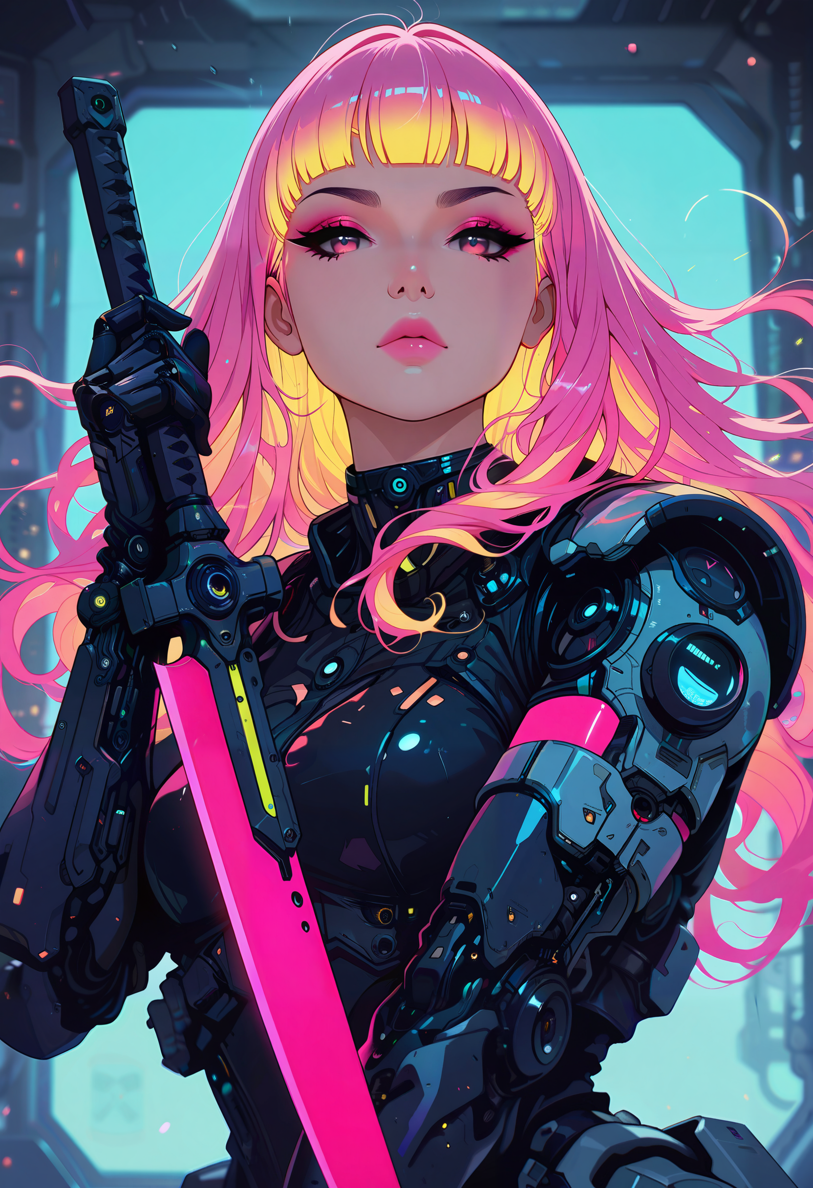 masterpiece, best quality, good quality, very aesthetic, absurdres, newest, depth of field, focused subject, in the style of cknc, 
dynamic angle, stance, 1girl, solo, long hair, flowing hair, neon hair, bioluminecent glow, parted pink lips, eyeshadow, upper body, sci-fi, looking at viewer, holding futuristic scimitar, unsheating, wind effect,