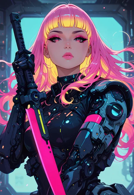 masterpiece, best quality, good quality, very aesthetic, absurdres, newest, depth of field, focused subject, in the style of cknc, 
dynamic angle, stance, 1girl, solo, long hair, flowing hair, neon hair, bioluminecent glow, parted pink lips, eyeshadow, upper body, sci-fi, looking at viewer, holding futuristic scimitar, unsheating, wind effect,